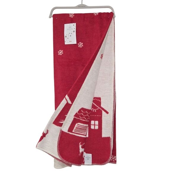 Docofil Reversible Ivory Red Snowflakes Throw Blanket 51x67 Made in Portugal - Picture 2 of 15